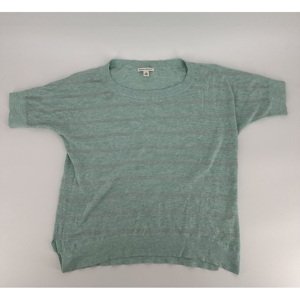 BANANA REPUBLIC Women Turquoise/Silver Striped Short Sleeve Knit Pullover Size M